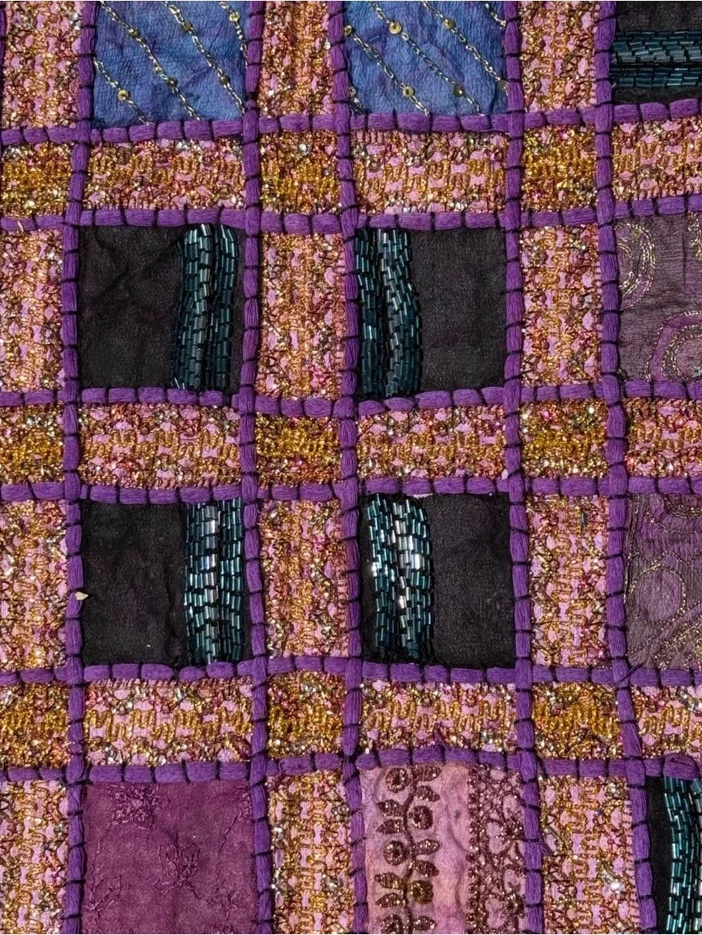 Handcrafted Purple Patchwork Square throw pillow covers boho maximalism beadwork